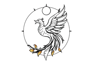 magical phoenix rising from golden flames with trailing embers surrounded by geometric sun and moon tattoo idea