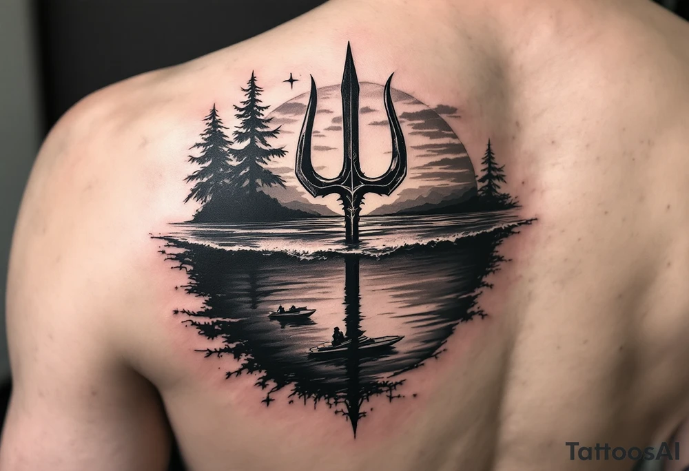 trident half way under calm water with skiboat and sunset tattoo idea