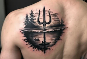 trident half way under calm water with skiboat and sunset tattoo idea