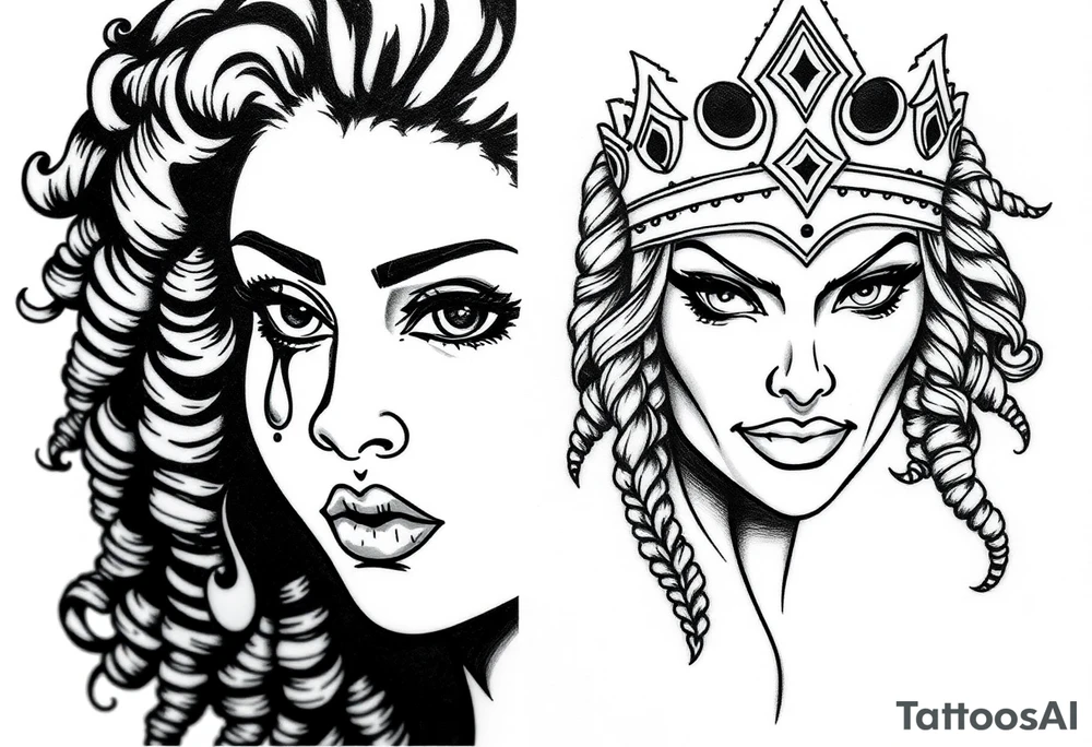 A beautiful woman with beautiful curly hair, and a teardrop falling from her eyes, African American- other 1/2 a beautiful warrior women with a crown and a smirk on her face. Embodying 1/2 faced one soft and gentle-one strong and mighty. Blend together onto 1 face tattoo idea