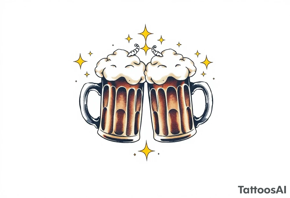 Two clinking beer mugs with foam splashing out, surrounded by soft golden sparkles tattoo idea