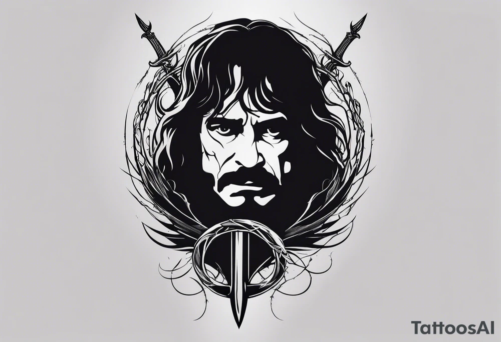 Lord of the rings with Harry Potter incorporated but clear visual of both movies. Small and minimal. Something like the deathly hallows symbol made out of swords and wizard staff from LOTR tattoo idea