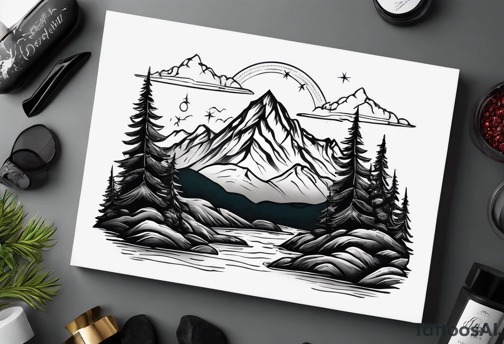 Mountains with water and name Caiden and Sawyer tattoo idea