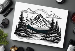 Mountains with water and name Caiden and Sawyer tattoo idea
