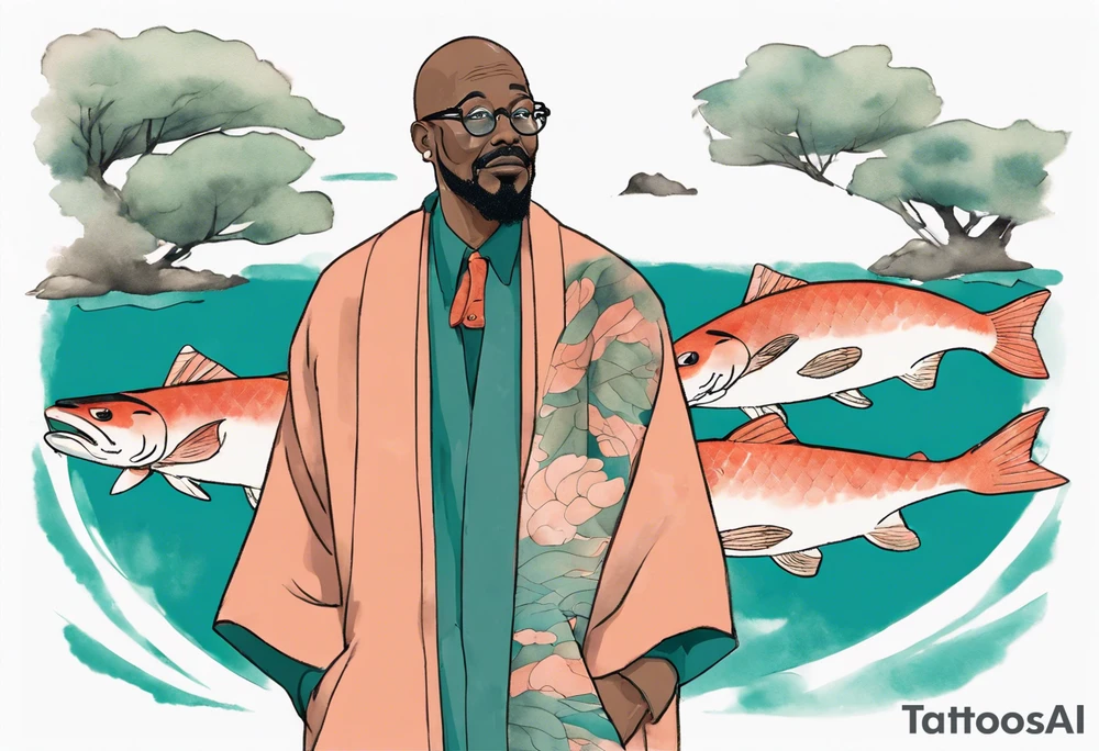 a 50-year-old black man wearing salmon and teal cloak and round glasses standing by a pond with a salmon in it tattoo idea