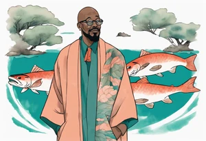 a 50-year-old black man wearing salmon and teal cloak and round glasses standing by a pond with a salmon in it tattoo idea