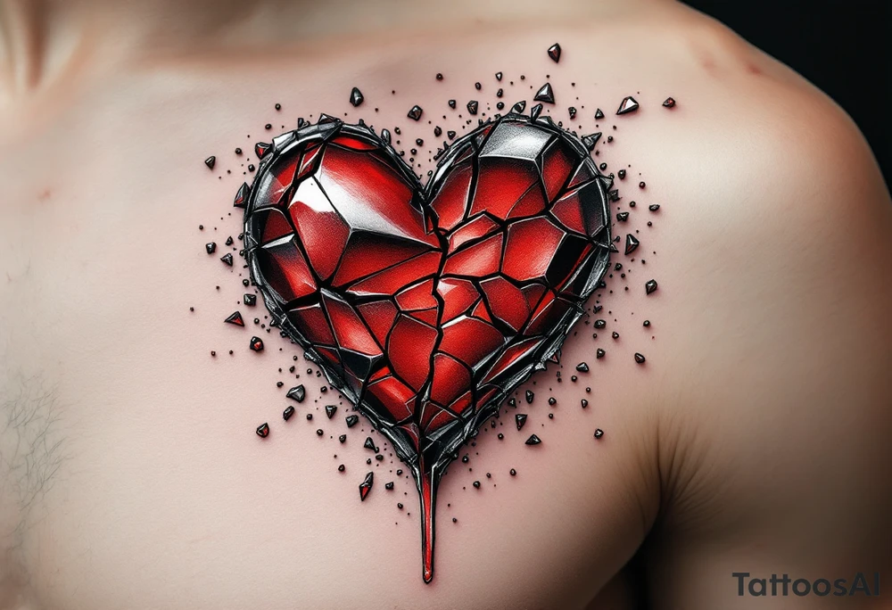 A shattered glass heart in deep red and silver, with tiny shards floating around, representing fragility and loss. tattoo idea