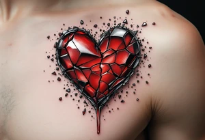 A shattered glass heart in deep red and silver, with tiny shards floating around, representing fragility and loss. tattoo idea