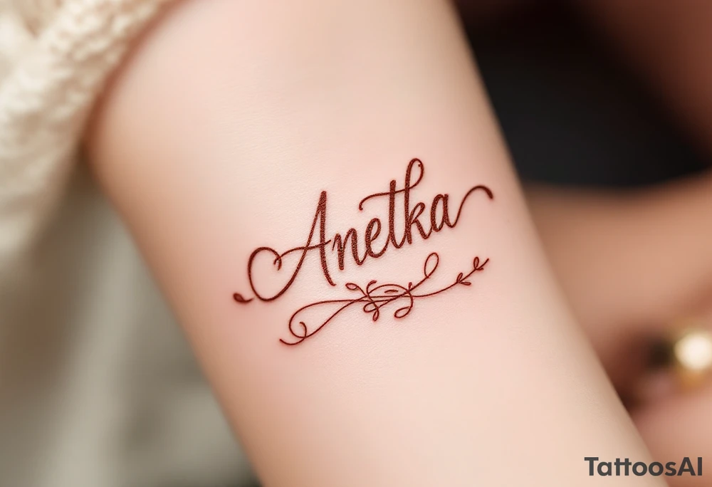 Anetka written on a flowing ribbon, shaded in soft rose gold tones. tattoo idea