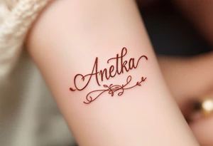 Anetka written on a flowing ribbon, shaded in soft rose gold tones. tattoo idea