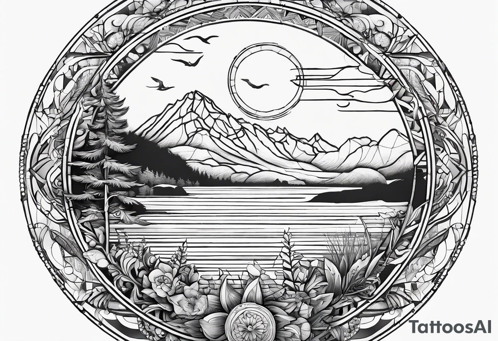 A circle with an outline of Whidbey Island inside of it. tattoo idea