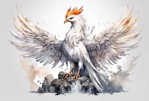 a white phoenix wearing a plain iron diadem, standing on a stone throne tattoo idea