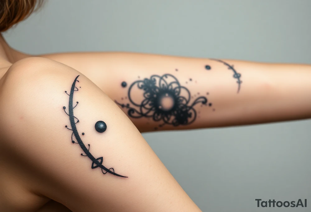 A photorealistic galaxy themed tattoo, bordered with a oval shaped frame full upper arm tattoo idea