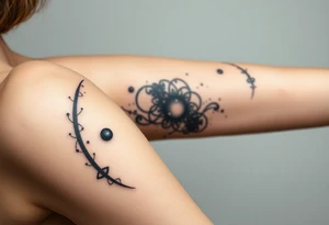 A photorealistic galaxy themed tattoo, bordered with a oval shaped frame full upper arm tattoo idea