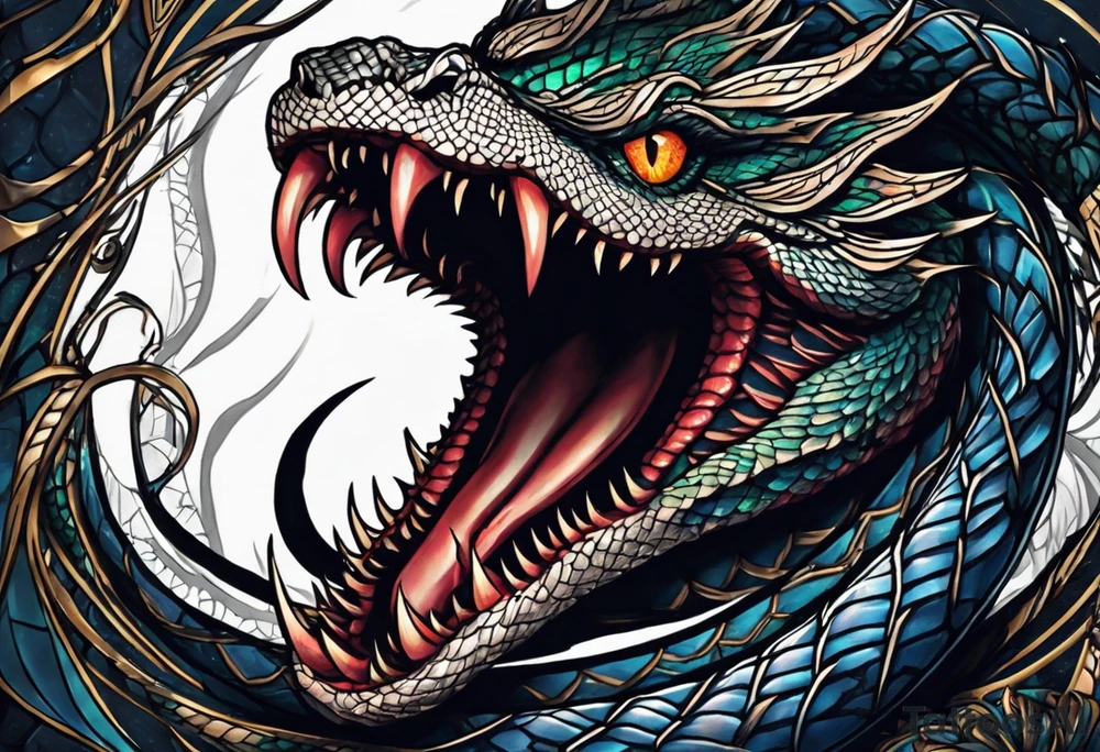 Venomous Serpent Coiling: A realistic tattoo of a venomous serpent, its fangs bared and eyes glowing, coiling around the arm with intricate scales and a menacing expression. tattoo idea
