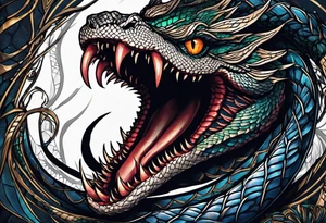Venomous Serpent Coiling: A realistic tattoo of a venomous serpent, its fangs bared and eyes glowing, coiling around the arm with intricate scales and a menacing expression. tattoo idea