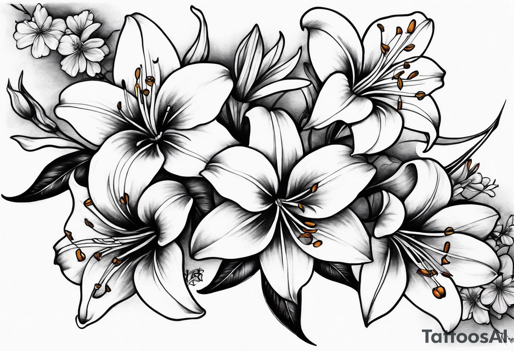 5 lilies and cherry blossom branch tattoo idea