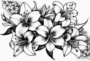 5 lilies and cherry blossom branch tattoo idea