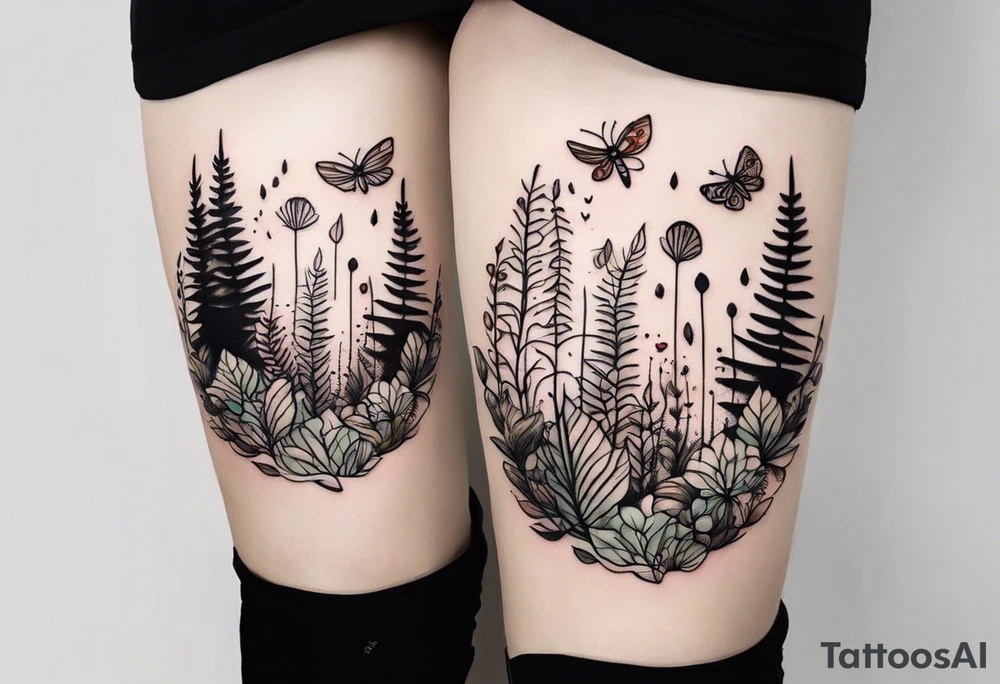 forest floor inspired minimalist tattoo, which includes grass, curly ferns and dead leaves as the bulk of the tattoo. details to include: three very tiny strawberries, a tiny bumblebee flying nearby, three small brown mushrooms
Generate a vertically long one tattoo idea