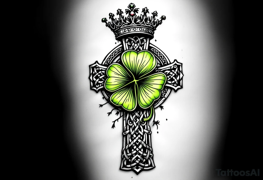 Celtic cross tattoo featuring intricate knotwork patterns along the arms and base of the cross. At the heart of the cross, place a vibrant four-leaf clover, its leaves shaded with subtle gradients of green, symbolizing luck and unity. Above the cross, incorporate a regal crown adorned with ornate details, such as small gemstones or filigree, to signify authority and strength. Behind the cross add some tree of life elements and celtic knots tattoo idea