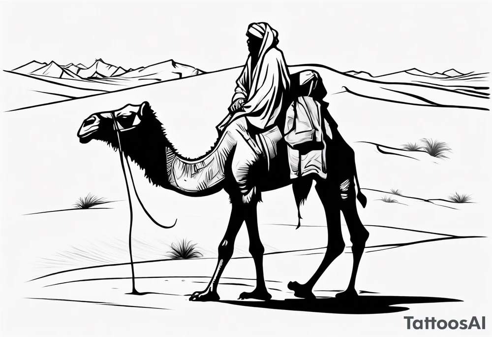 Design a tattoo showcasing, from a far, a vast desert landscape with low, undulating sand dunes. Feature a man walking alongside his camel, both resilient against the harsh environment, the man covering his face with a long cloth for protection. tattoo idea