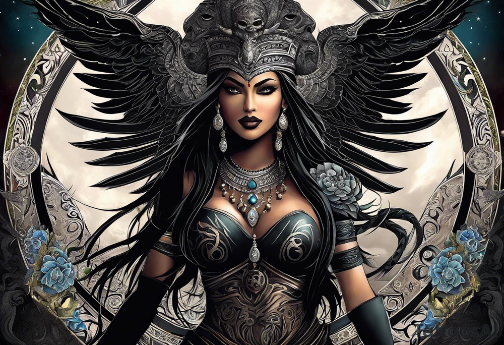 black kali, goddess pirate, alien, angel, pachamama, valkrye, warrior, flying, skull, lotus azul, wing, eagle, zenza resonance, stars, 5D, anahata chakra, death, durga, riding on a tiger, flying lady tattoo idea