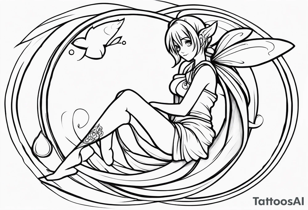 No color sketch of a fairy with a tail inspired by the guild symbol in the anime show called Fairy Tail in a fetal position leaning in and forward while crawled in hugging herself floating with hands a bit forward and her body is an angle tattoo idea