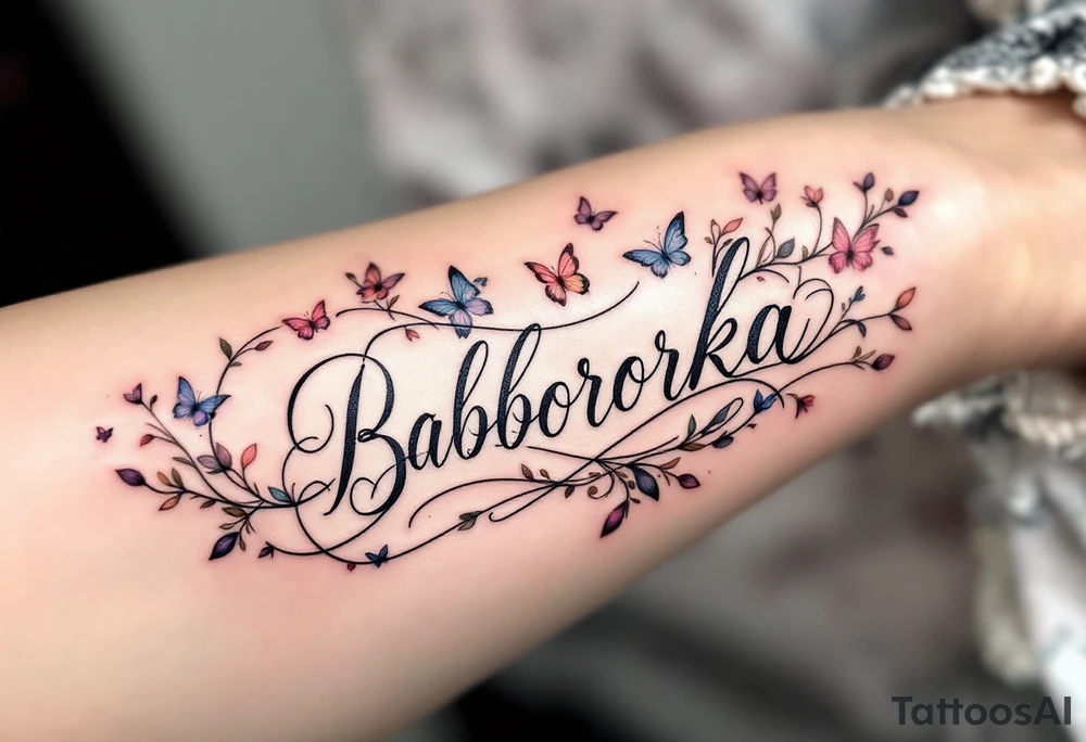 Barborka name wrapped in a flowing ribbon, with soft pastel butterflies fluttering around. tattoo idea