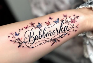 Barborka name wrapped in a flowing ribbon, with soft pastel butterflies fluttering around. tattoo idea