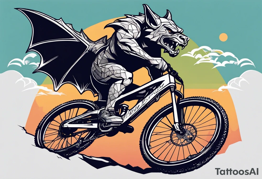 gargoyle riding a full suspension mountain bike with a shadow no background tattoo idea