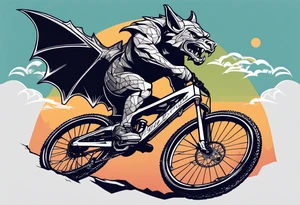 gargoyle riding a full suspension mountain bike with a shadow no background tattoo idea