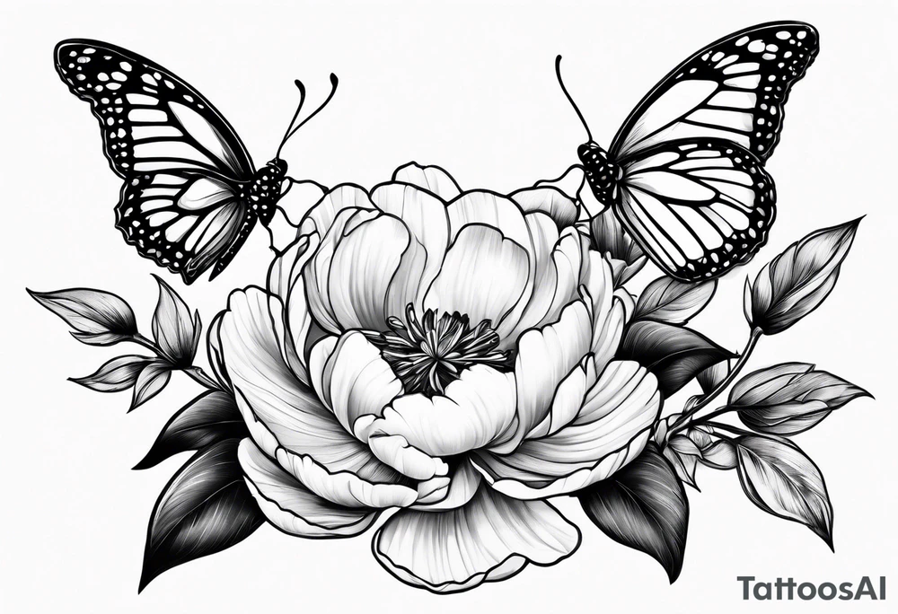3 peonies with butterfly tattoo idea