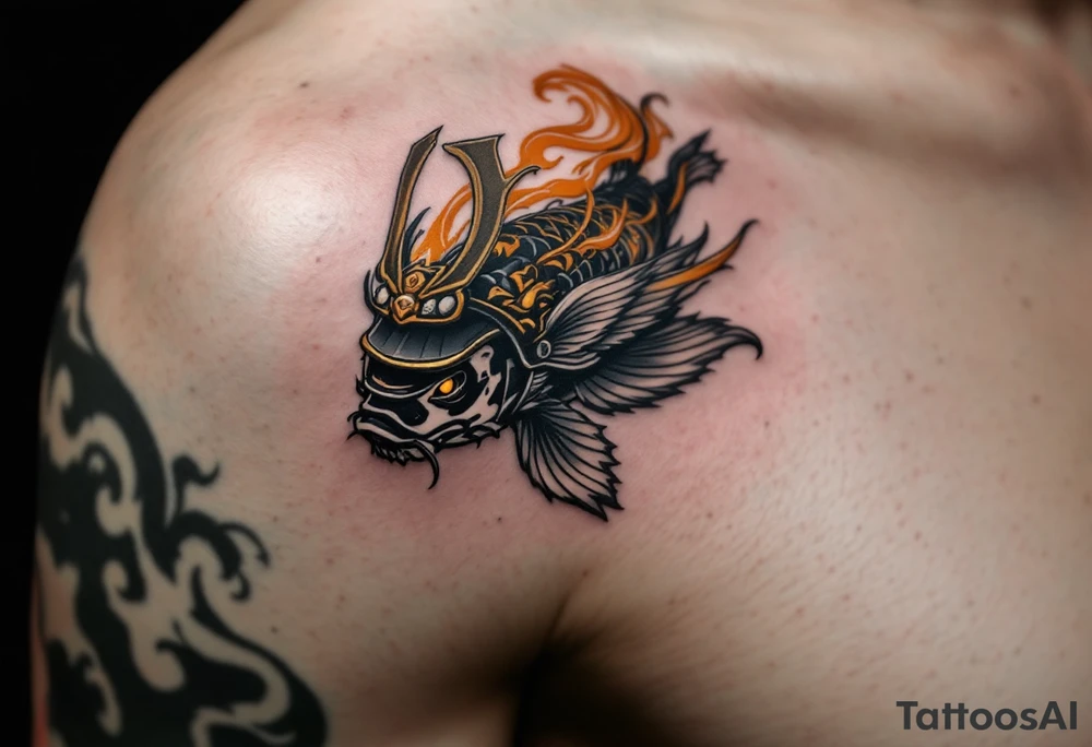 Black and Gold Koi with Samurai Helmet – A bold koi featuring black and gold coloring, swimming beneath an ornate samurai kabuto (helmet), representing honor and bravery. tattoo idea
