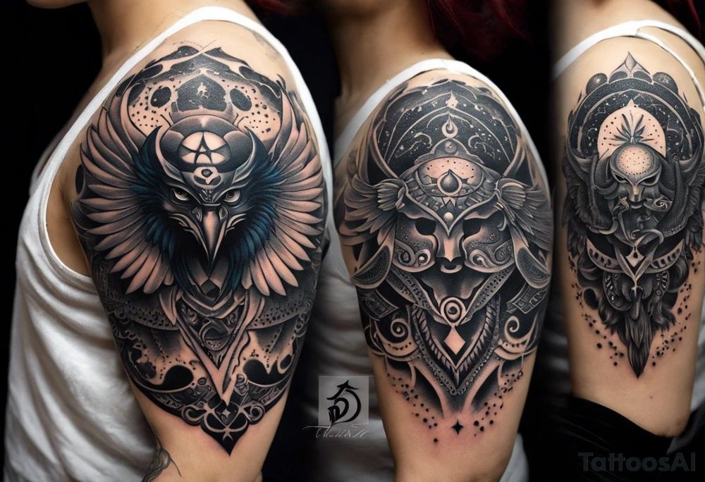 black kali, goddess pirate, alien, angel, pachamama, valkrye, warrior, flying, skull, lotus azul, wing, eagle, zenza resonance, stars, 5D, anahata chakra, death, durga, riding on a tiger, flying lady, chest tatoo tattoo idea