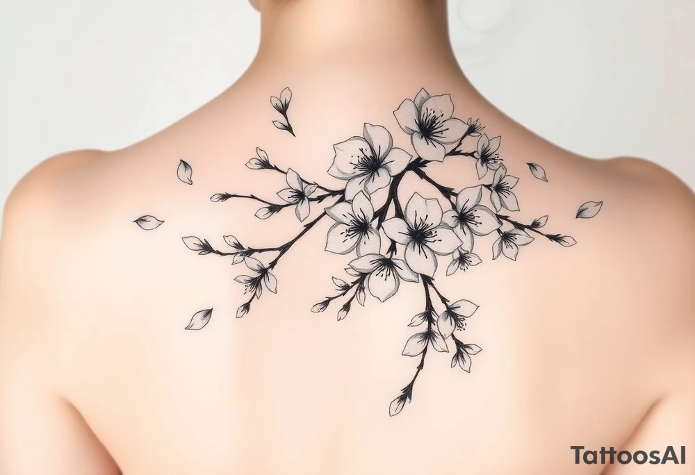 delicate cherry blossoms swirling in spring breeze with petals tattoo idea