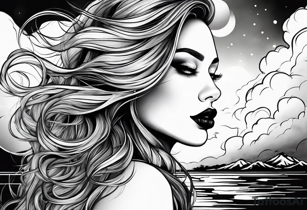 Woman shooshing hand long hair dark lips sky clouds tattoo idea