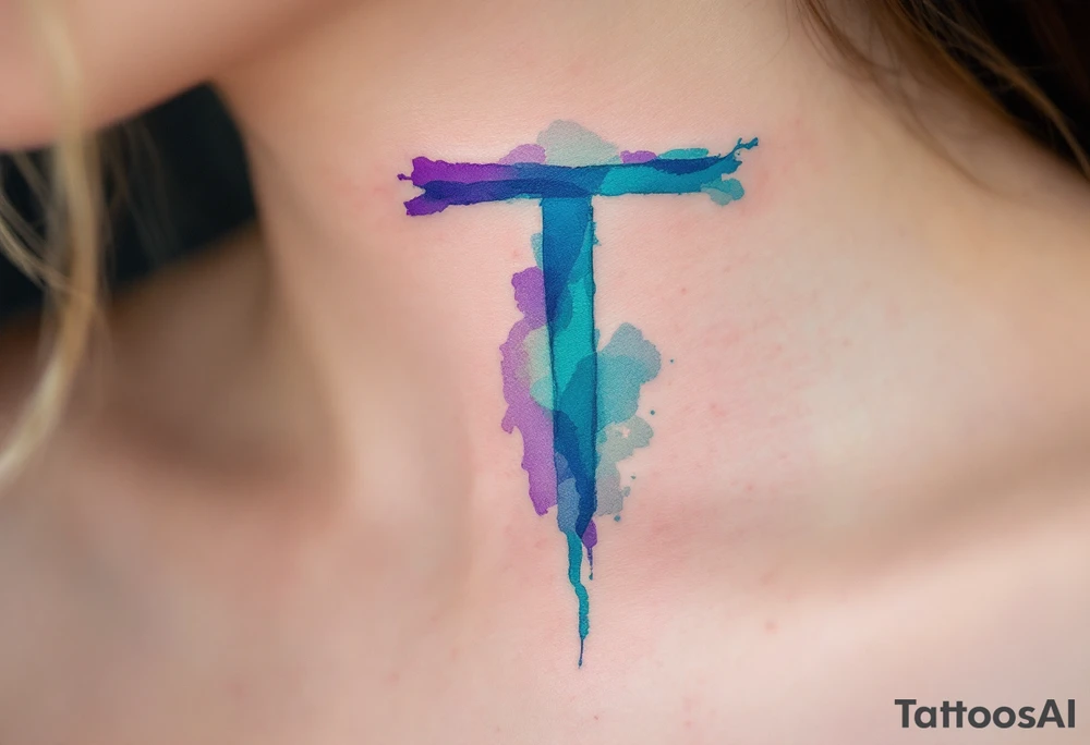 A watercolor-style "T" in shades of turquoise and purple, blending like paint strokes. tattoo idea