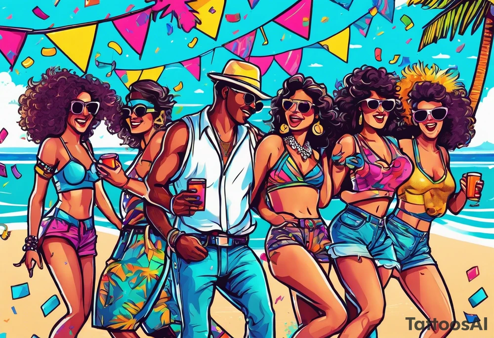 1980's style dance party with boom box and confetti in a beach theme. include people in 80's miami beach clothes, music note. tattoo idea