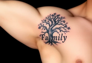 A black and gray realistic tree with engraved word family on the trunk, highlighting deep-rooted family connections tattoo idea