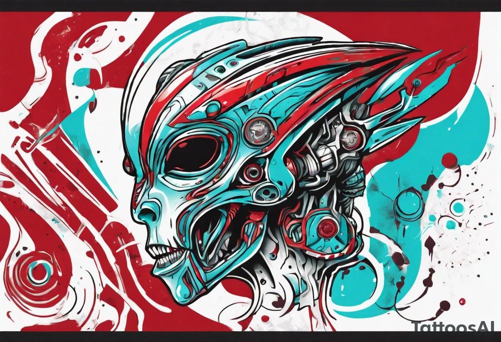 an art in the style of abstract alien, textured pigment planes, red and cyan, stencil art tattoo idea