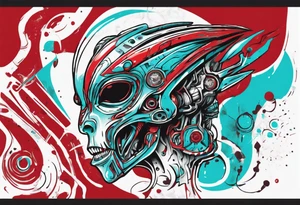 an art in the style of abstract alien, textured pigment planes, red and cyan, stencil art tattoo idea