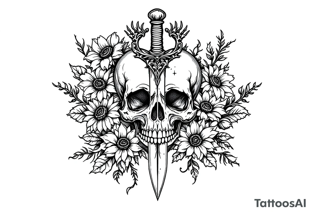 Skull, heart piercing a dagger with roses and sunflowers tattoo idea