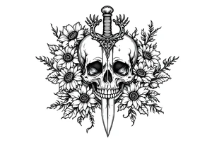 Skull, heart piercing a dagger with roses and sunflowers tattoo idea