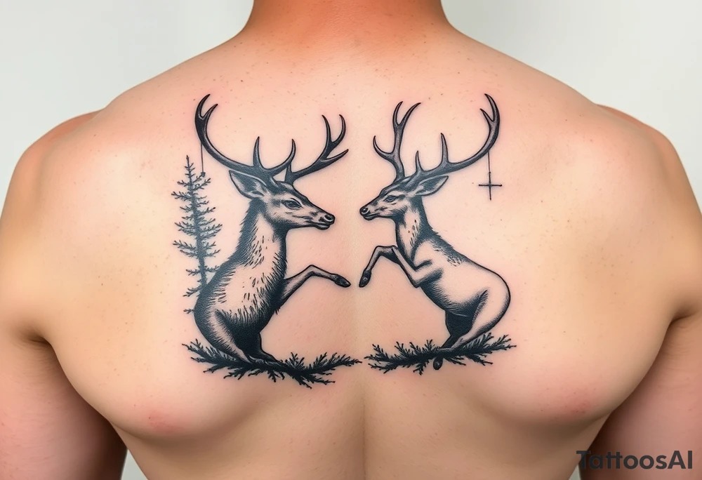 Photo realistic Vertical aligned nature scene with two deer fighting. 

This ai sucks tattoo idea