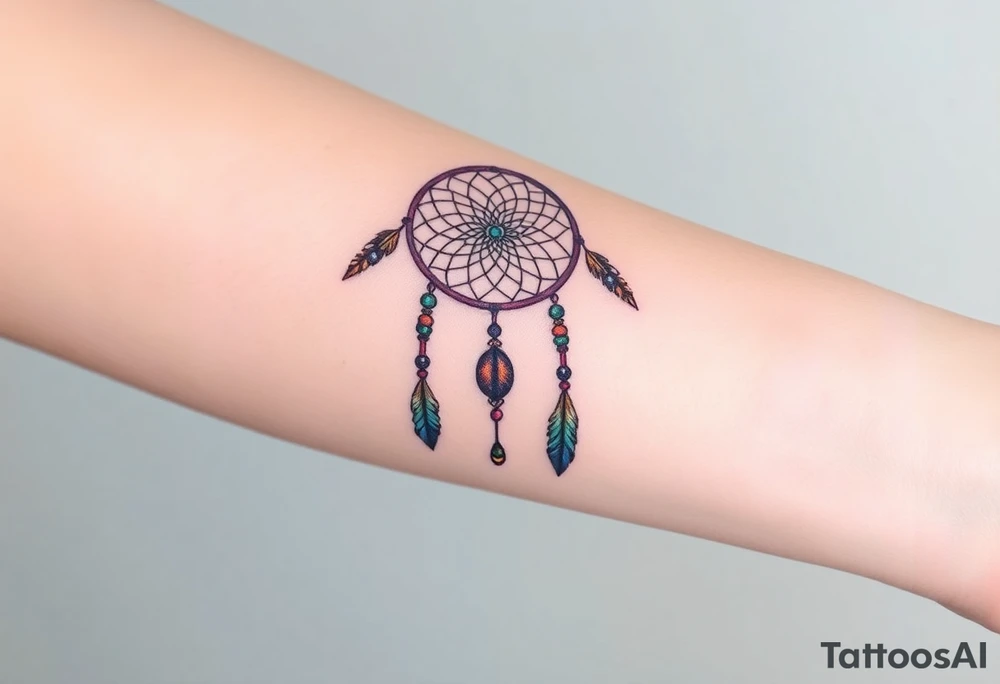 native dreamcatcher with flowing feathers and sacred beads tattoo idea