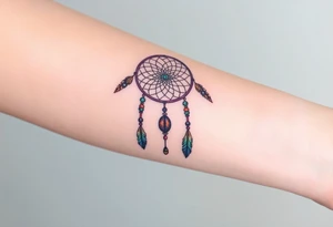 native dreamcatcher with flowing feathers and sacred beads tattoo idea