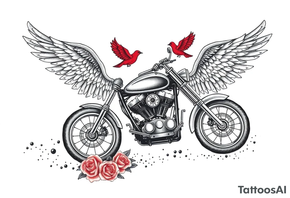 Harley grey motorcycle driving away, two red birds flying, roses, flames, angel wings tattoo idea