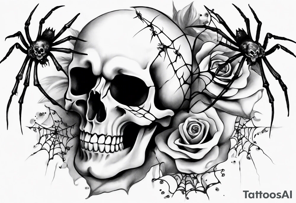 Black skull sleeve tattoo with skulls and spiders tattoo idea