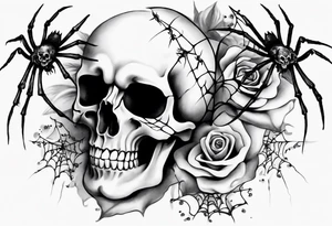 Black skull sleeve tattoo with skulls and spiders tattoo idea