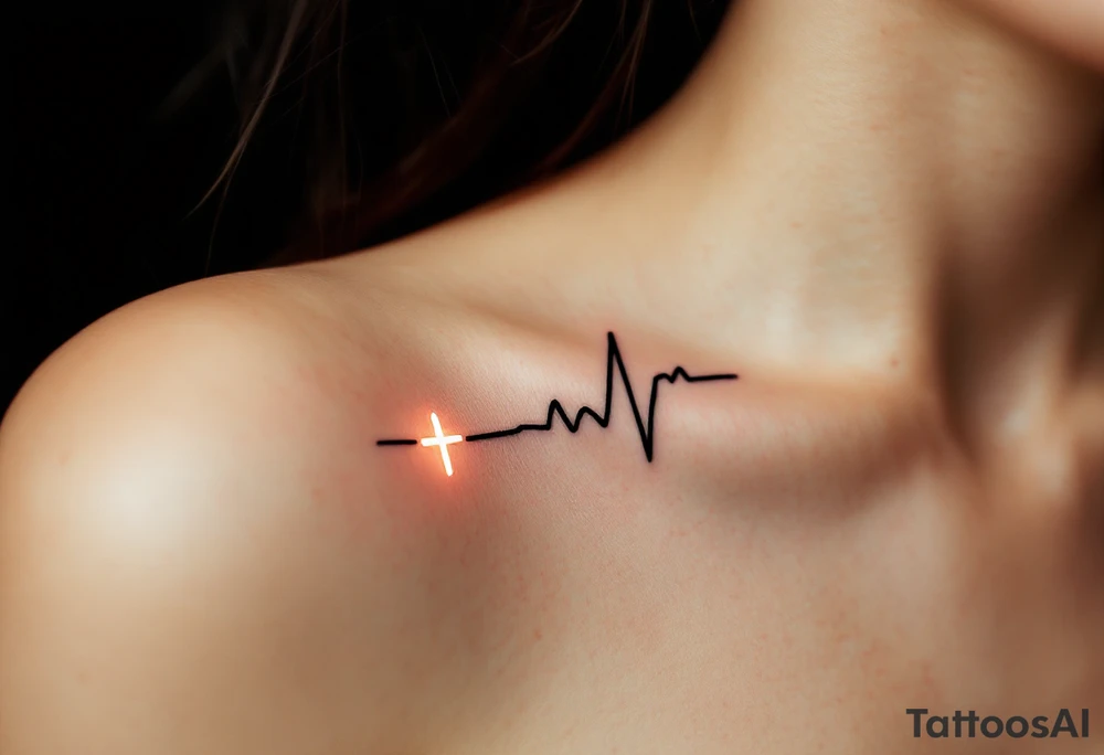 A simple black EKG line with a small glowing white cross at the end, symbolizing strength through faith tattoo idea